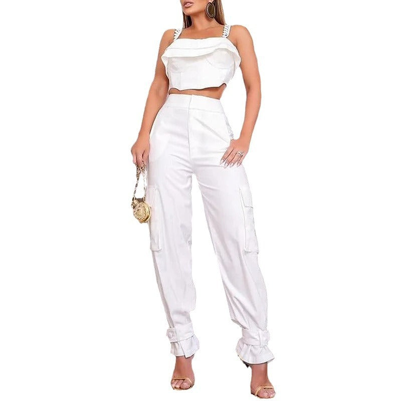 Women's Solid Color Square Collar Sling High Waist Ankle-tied Trousers Suit
