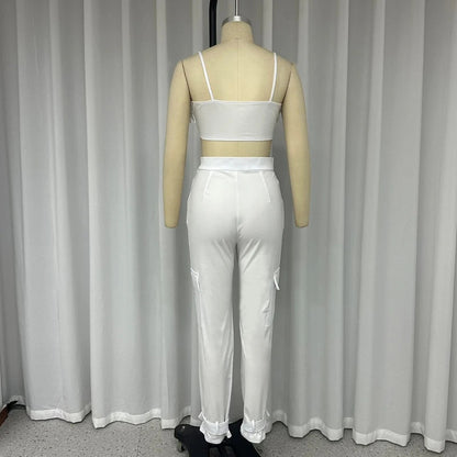 Women's Solid Color Square Collar Sling High Waist Ankle-tied Trousers Suit